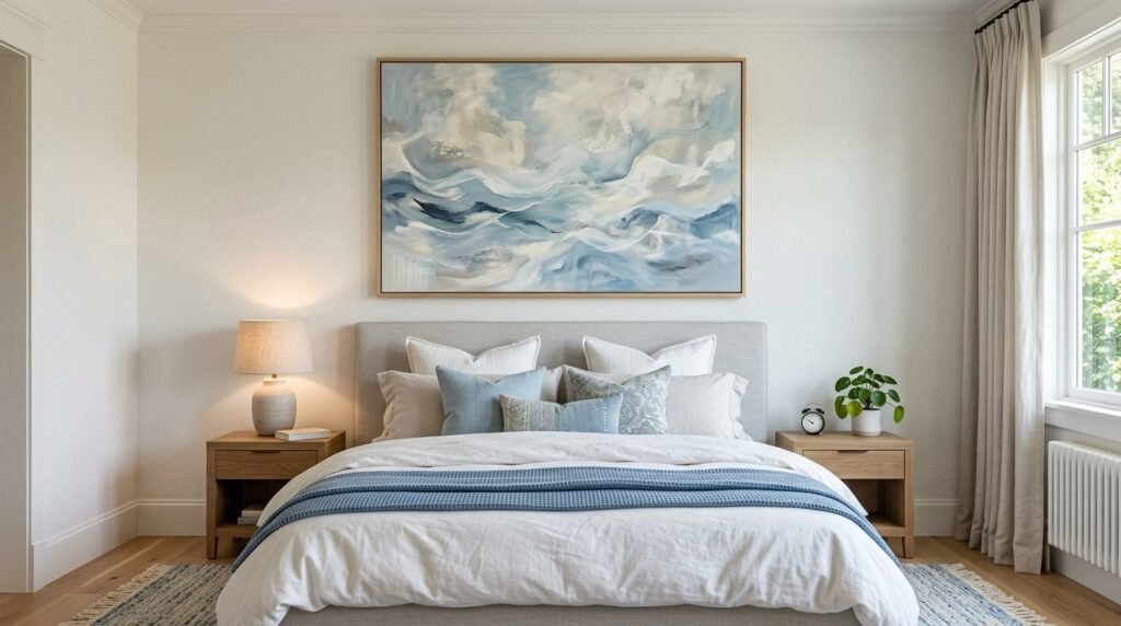 A colorful abstract painting displayed on a wall above a wooden console table.