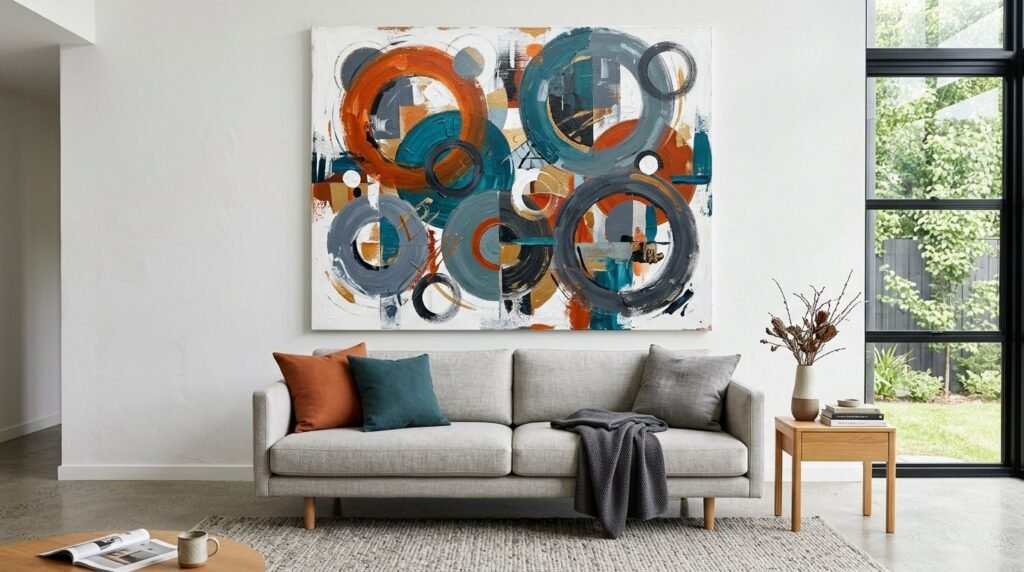 A beautiful large abstract painting hanging above a modern sofa in a bright, minimalist living room setting.
