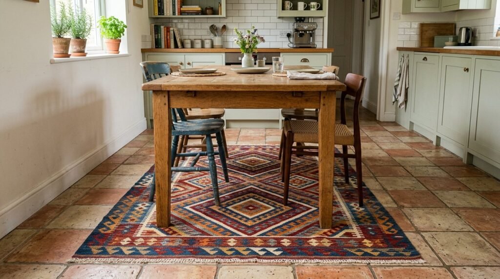 A modern area rug positioned under a dining room table in a bright, contemporary home interior.