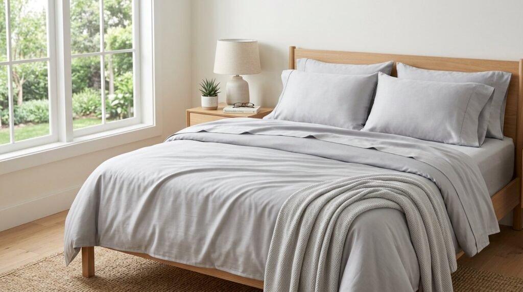 A close-up view of soft, eco-friendly bamboo lyocell bed sheets arranged neatly on a bed.