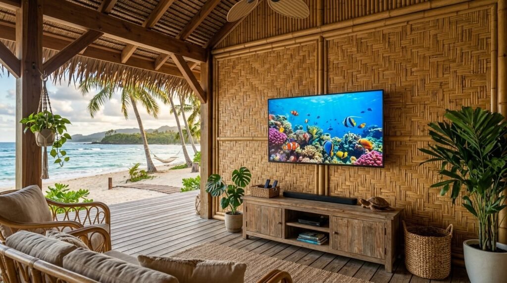 A decorative bamboo screen wall used as a natural room divider in a bright interior space.