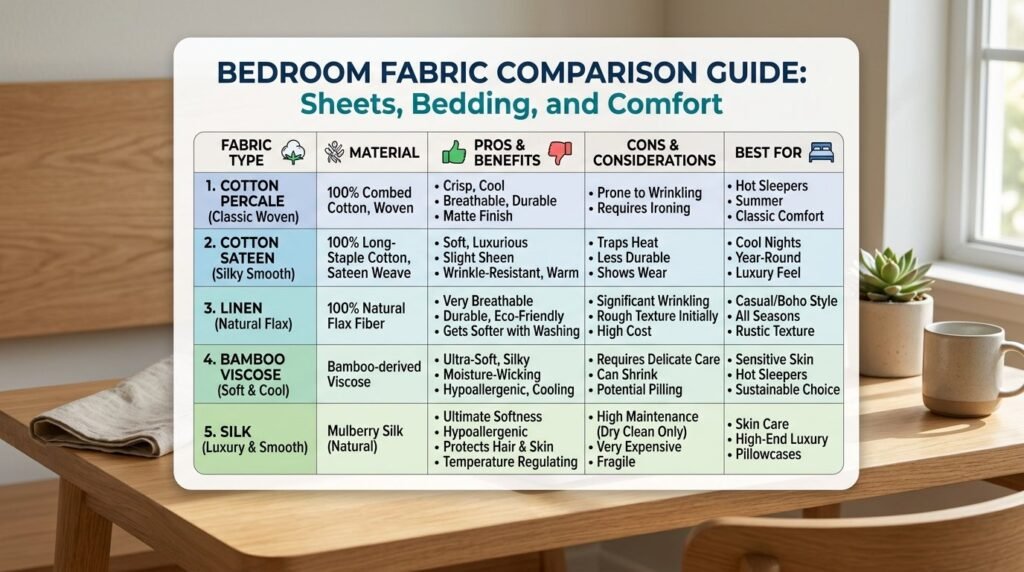 Close up comparison of various high-quality bedding and curtain fabrics for bedroom interior design.