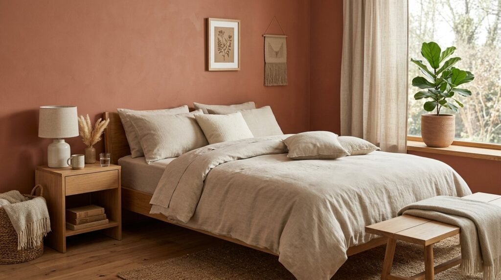 Elegant bedroom interior with a stylish terracotta colored accent wall and warm natural lighting.