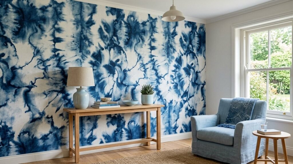 Close up detail of intricate blue and white traditional Japanese shibori tie-dye pattern on fabric.