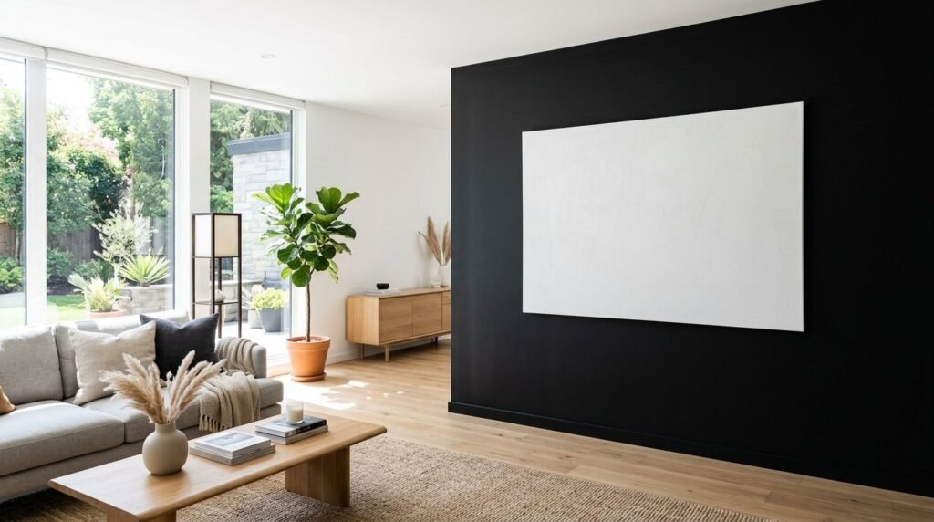 A sleek modern room featuring a sophisticated matte black statement wall with minimalist decor.