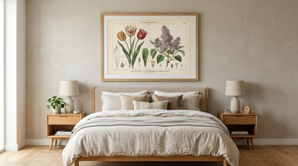 A close-up view of a framed botanical print hanging on a clean, neutral-toned wall.
