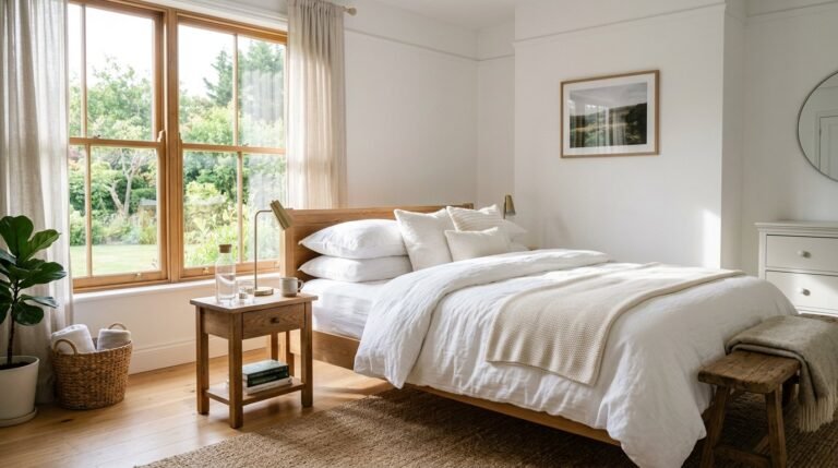 Bright and airy guest bedroom featuring warm sunlight streaming through the window and cozy minimalist decor.