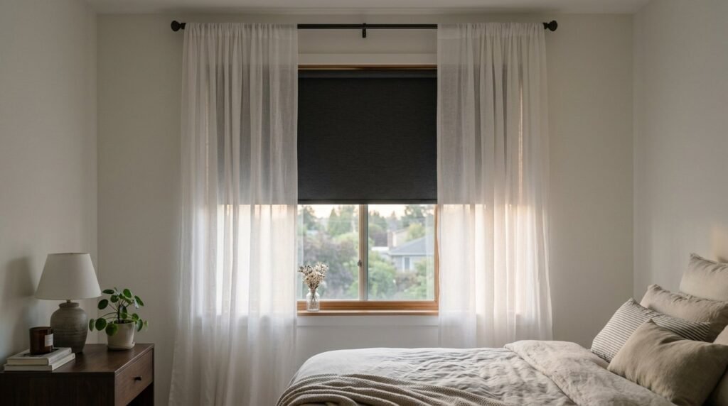 A peaceful bedroom window bathed in warm natural afternoon sunlight.