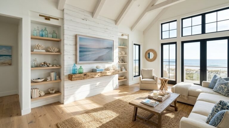 A sunlit coastal living room featuring breezy decor, light wood textures, and blue accents.