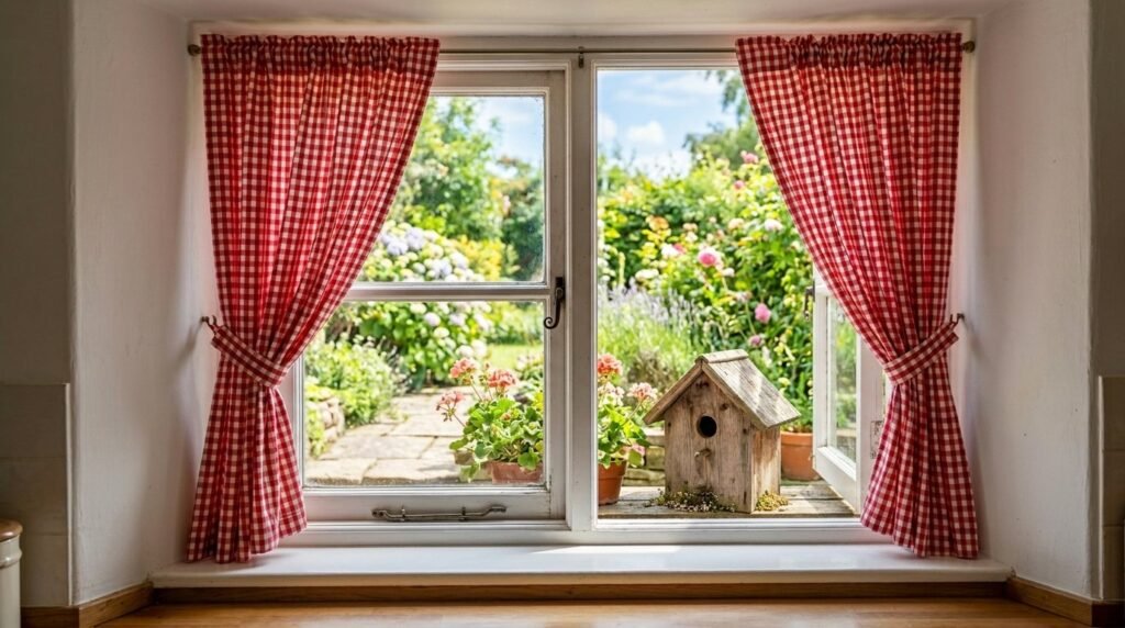 A clean and bright kitchen window with natural sunlight streaming inside.
