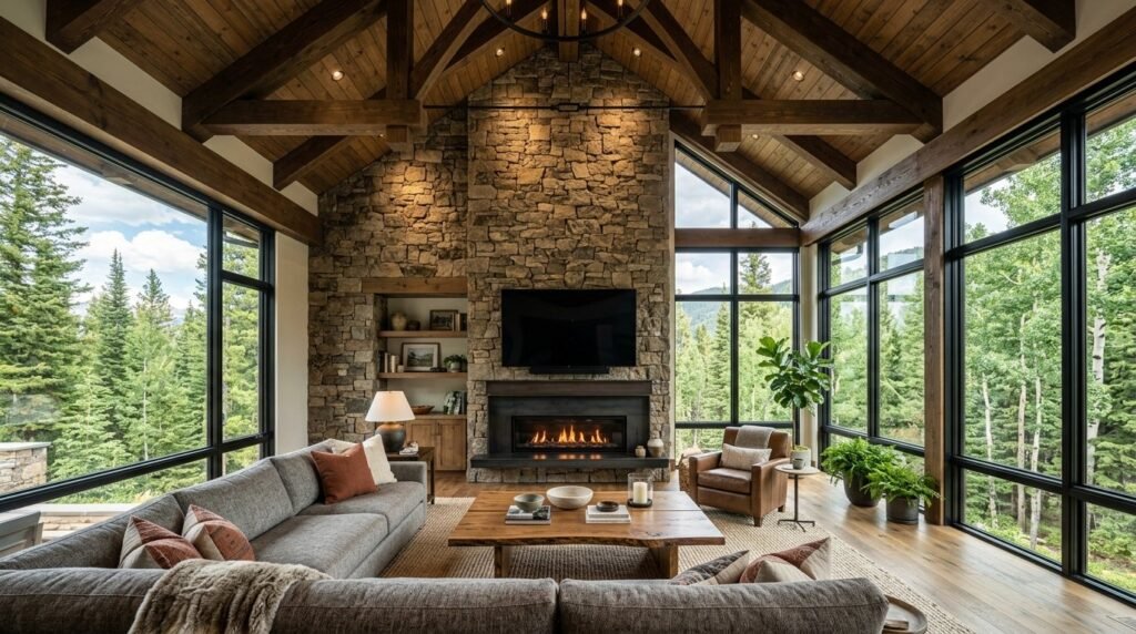 Modern living room interior showcasing high vaulted ceilings and natural light
