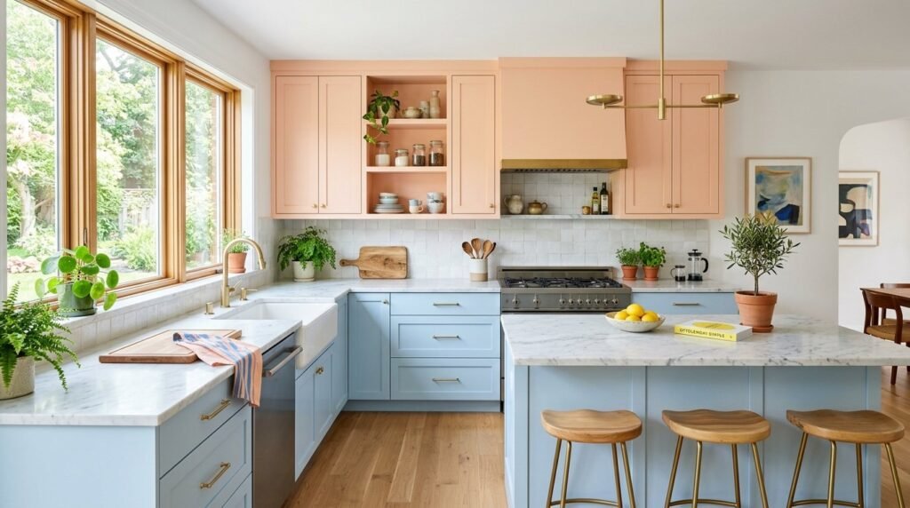 A close-up of a single fresh peach sitting on a clean, modern kitchen countertop.