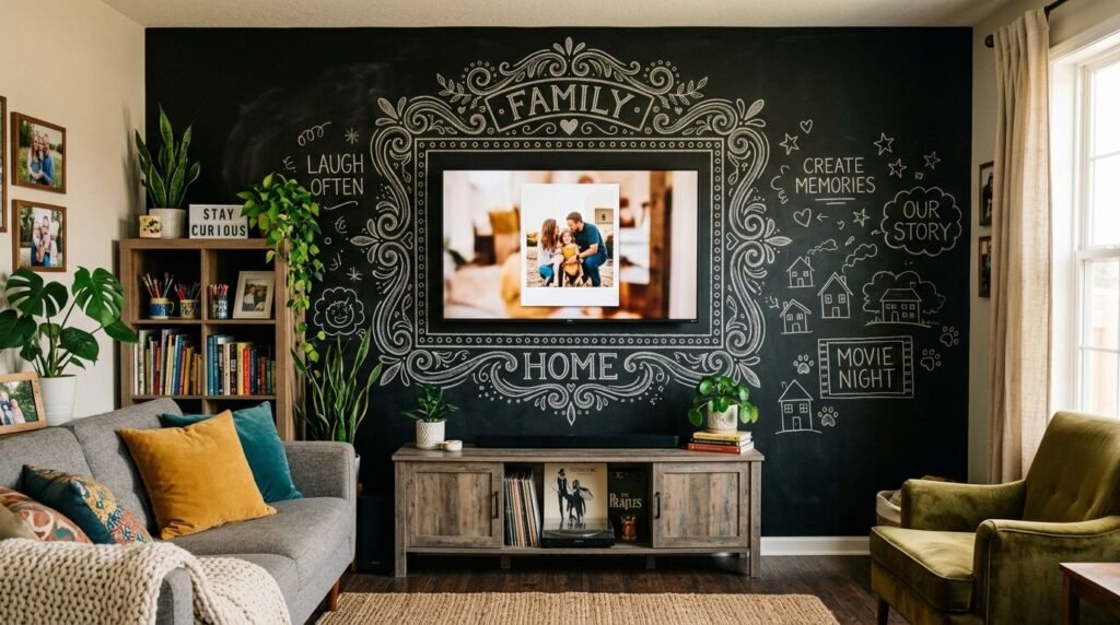 A modern creative workspace featuring a large black chalkboard wall used for brainstorming and planning.