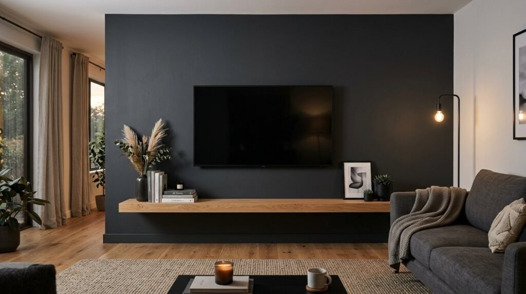 Close up of a stylish charcoal grey accent wall in a modern living room