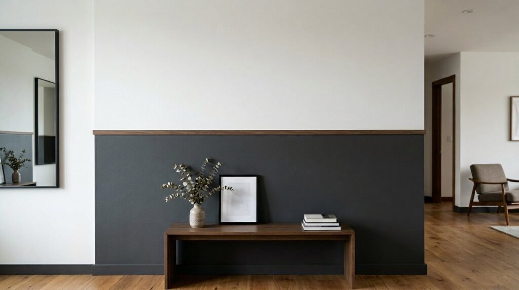A close up view of a minimalist split wall featuring a dark charcoal textured finish.