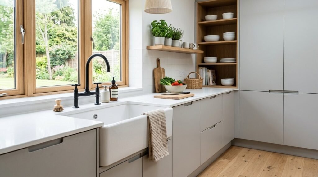 A clean, white apron front farmhouse sink installed in a modern kitchen.