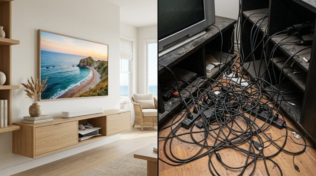 A stylish coastal themed TV wall in a bright living room with light decor.