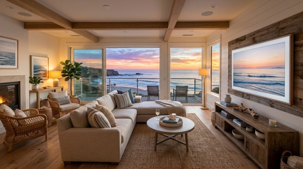 A sunlit coastal living room with blue accents and natural wood furniture.