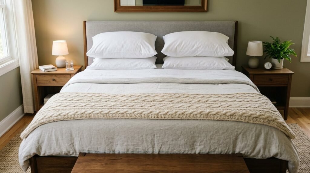 A cozy, modern bed featuring neatly arranged plush pillows in a bright, inviting bedroom setting.