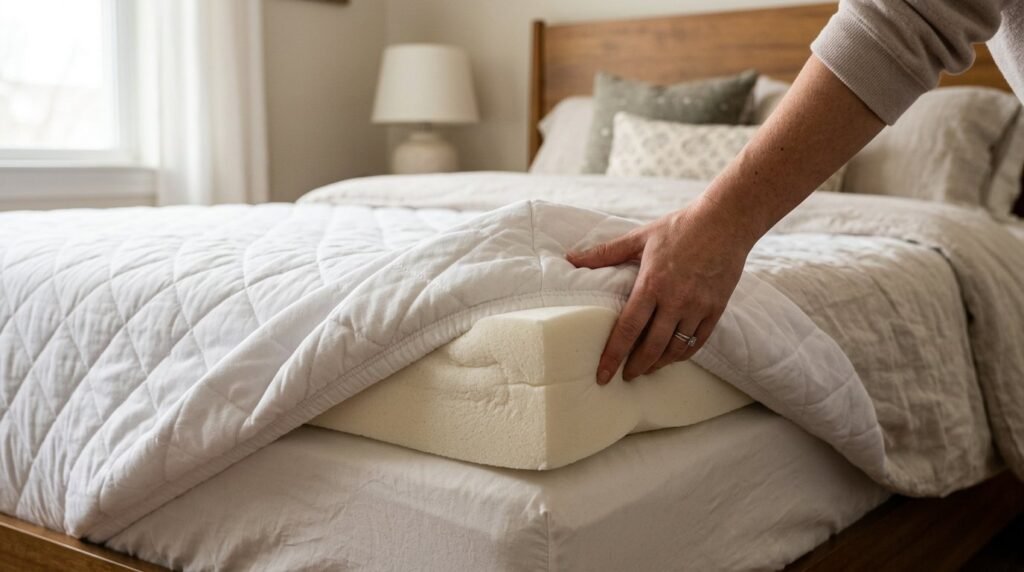 A high-quality white memory foam mattress shown in a clean, modern bedroom setting.