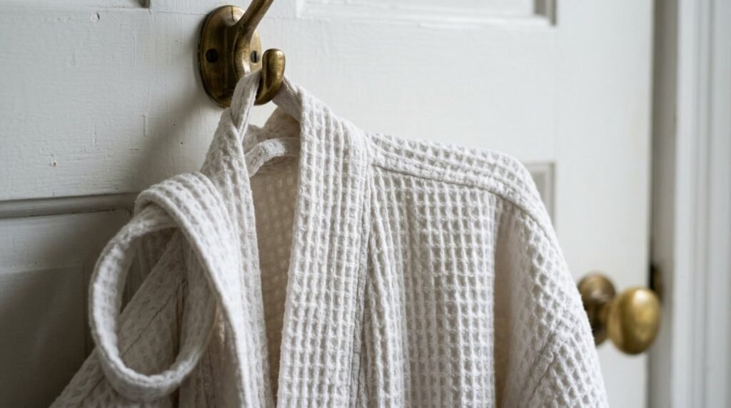 A soft and comfortable white waffle knit robe displayed in a bright, minimalist bedroom setting.