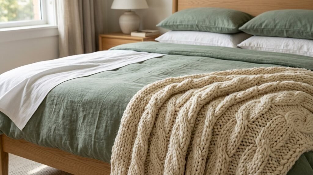 A comfortable bed decorated with plush layered textured blankets and pillows in a bright bedroom.