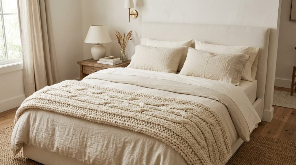 A comfortable bed styled with mixed pattern bedding in a bright bedroom.