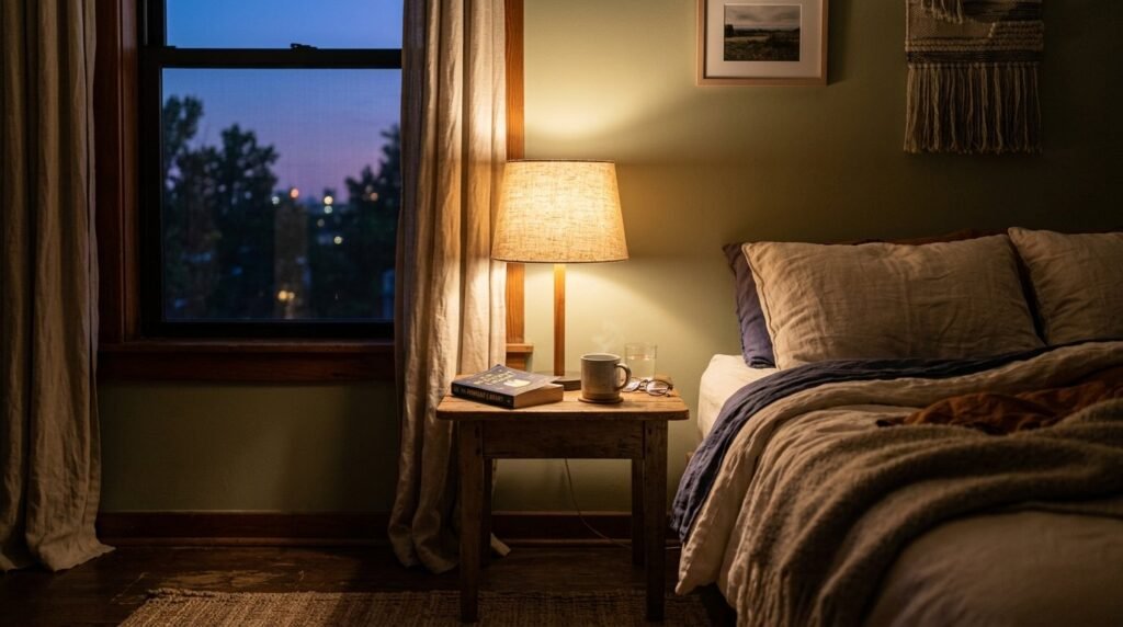 A soft, cozy bedroom corner with plush pillows, warm lighting, and minimalist decor for a relaxing sanctuary.