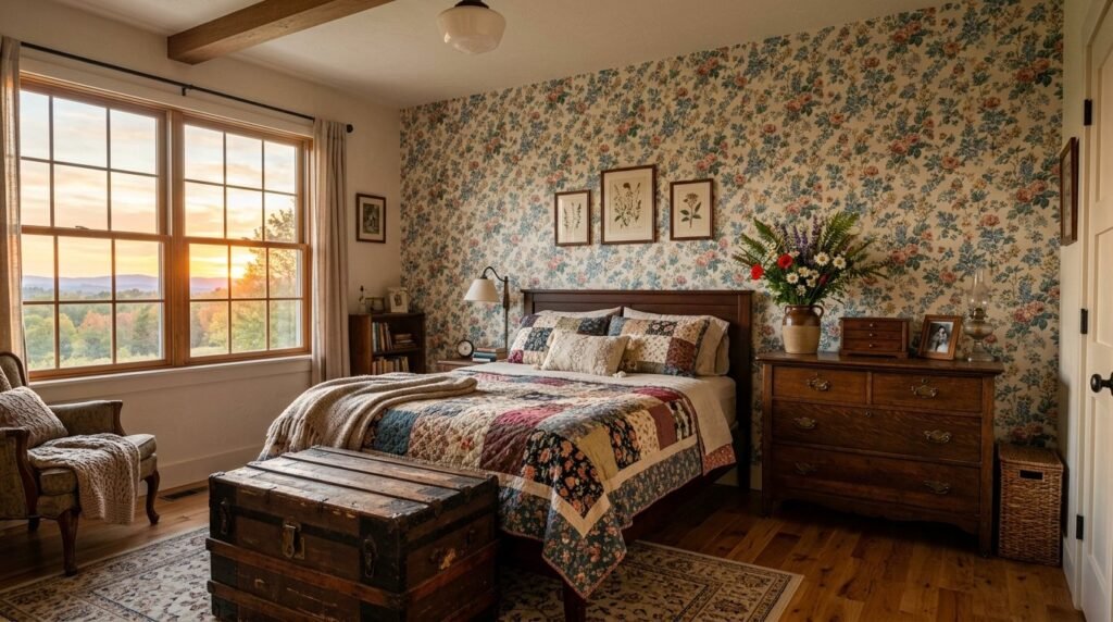 A beautifully styled bedroom interior featuring a soft floral pattern on the bedding and decorative wall accents.