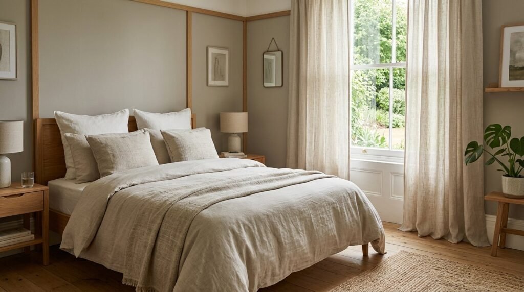 A serene bedroom featuring comfortable linen bedding and soft natural textures.