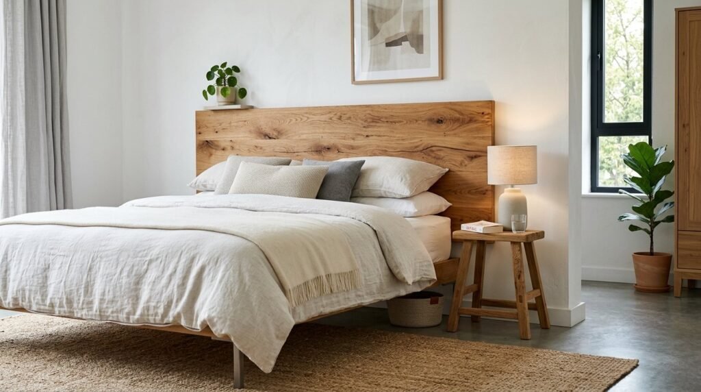 A stylish bedroom interior with natural oak wooden furniture and warm ambient lighting.