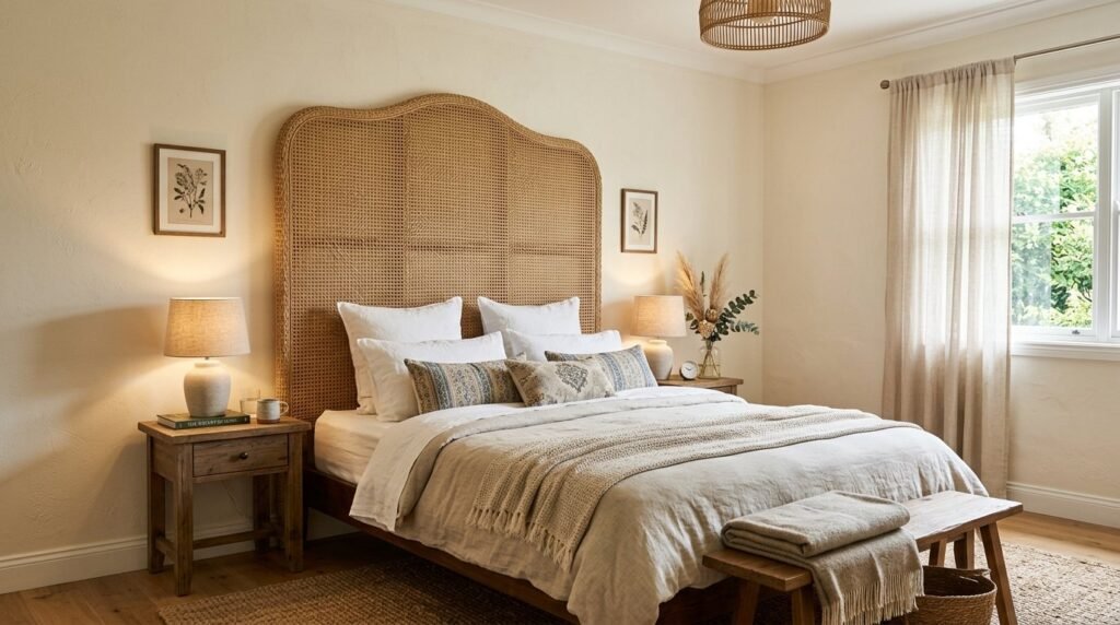 A beautifully styled bedroom interior featuring soft woven textures and neutral decor.