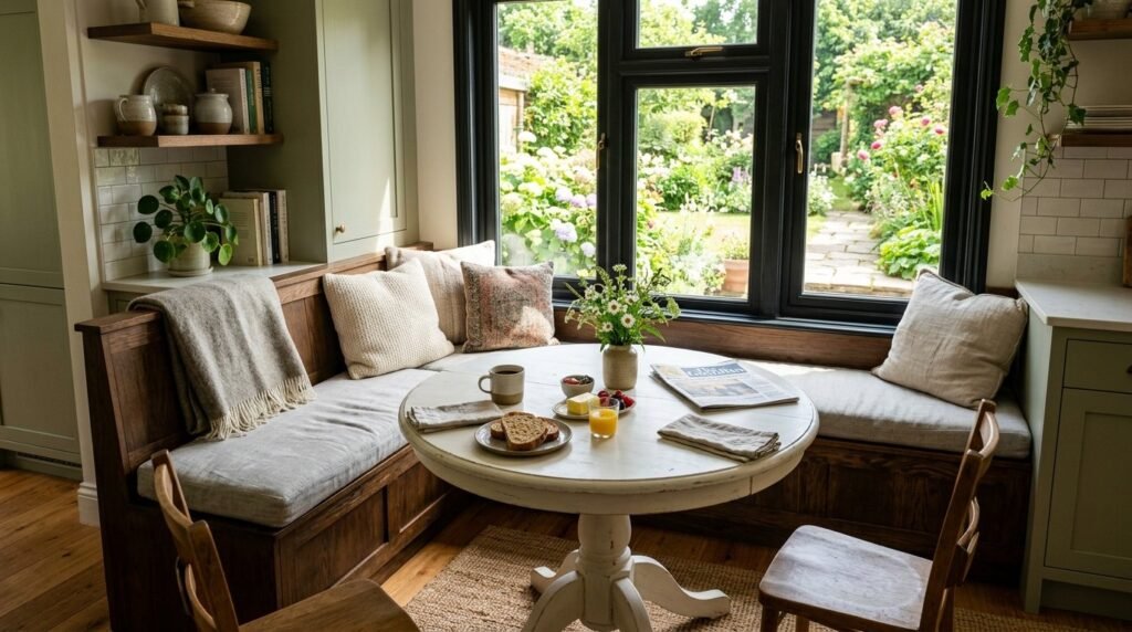 A sunlit breakfast nook featuring comfortable seating and a modern table setup.