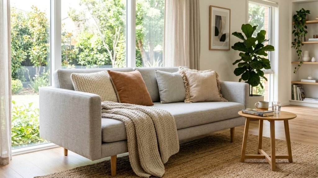 A comfortable daybed styled with a soft, inviting throw blanket in a bright room.