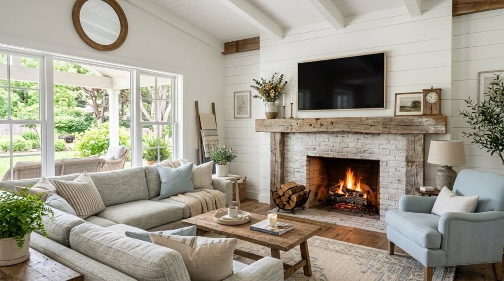 A beautifully decorated farmhouse living room with rustic wood accents and neutral tones.