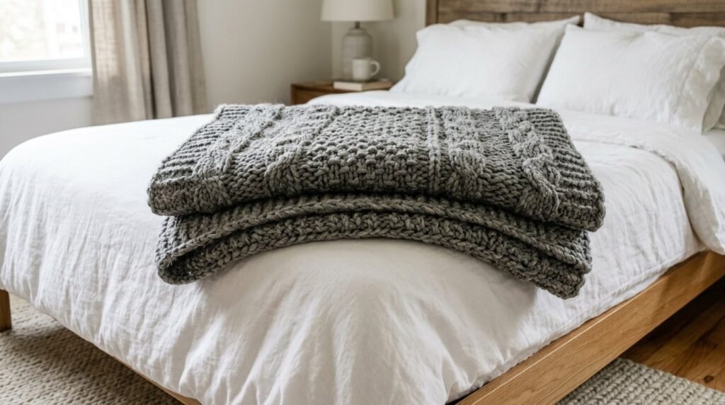 A close up view of a soft grey wool blanket showing detailed fabric texture.