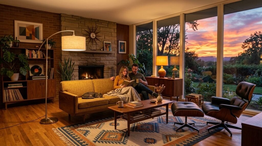 A cozy, well-lit mid century modern living room featuring warm wooden furniture and stylish retro decor.