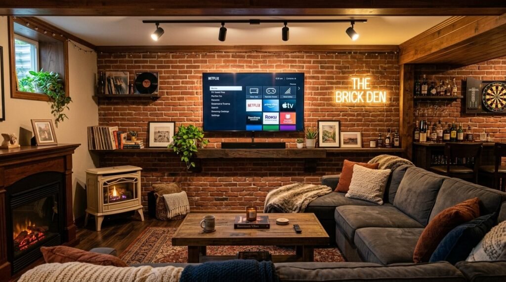 A stylishly furnished modern basement lounge with comfortable seating and ambient lighting.