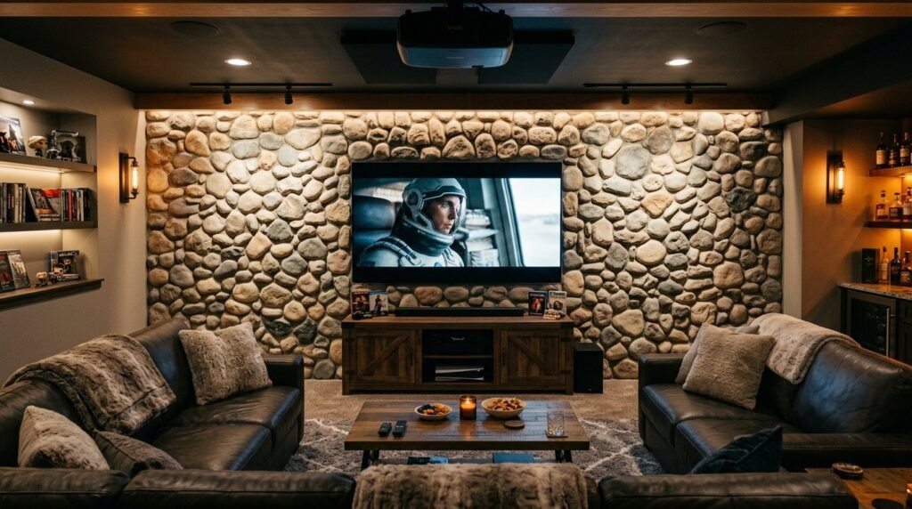 A stylish and cozy basement media room featuring comfortable seating and professional home theater lighting.