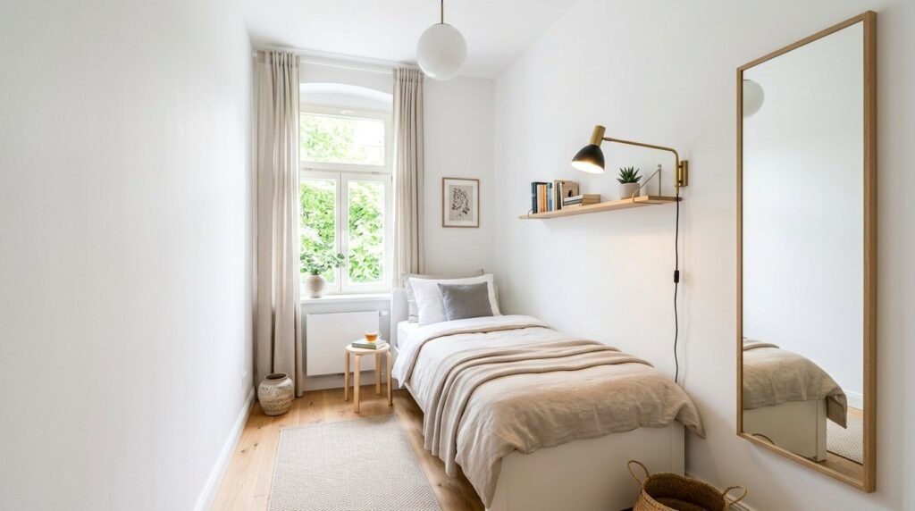 A thoughtfully decorated narrow bedroom space with modern furniture and warm lighting.