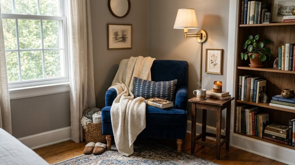 A warm and inviting cozy reading nook with a plush armchair and bookshelves.