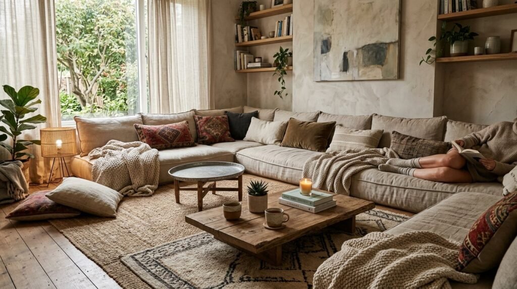 A warm and inviting cozy room featuring a low ceiling design with soft ambient lighting.