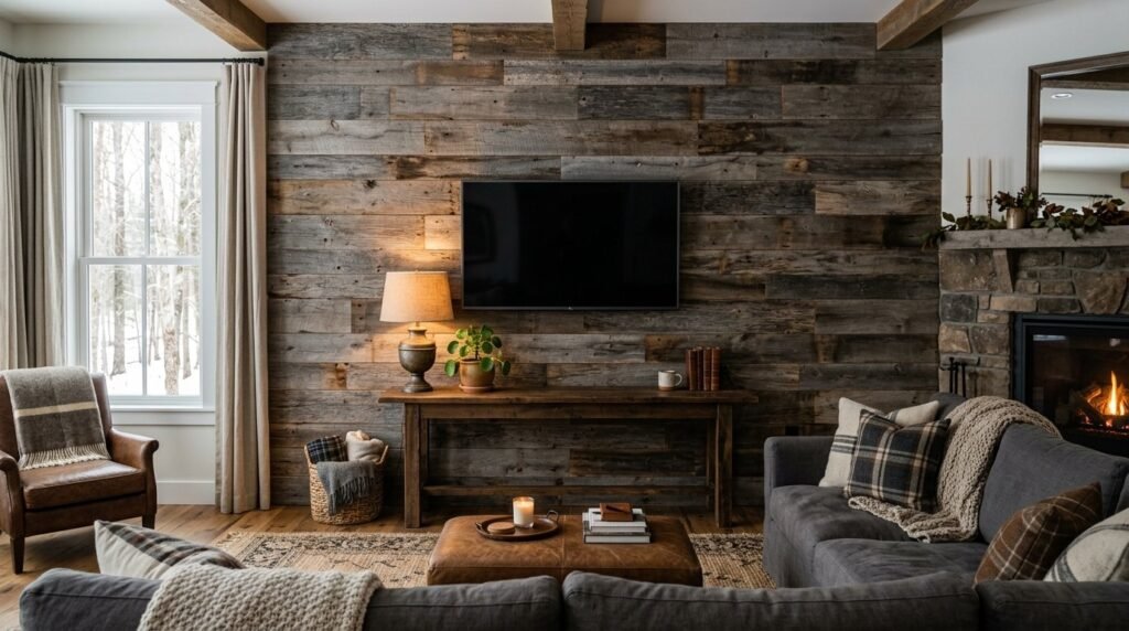 A warm and inviting rustic living room featuring wooden textures and neutral decor.