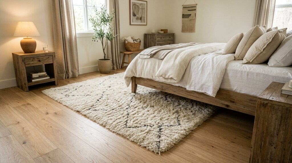 A soft cream Moroccan rug with geometric patterns displayed in a bright modern room.
