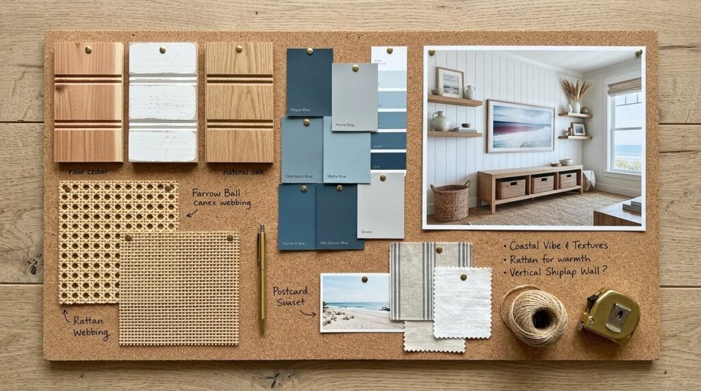 A professional creative design mood board displaying curated textures, color swatches, and inspirational project visuals.