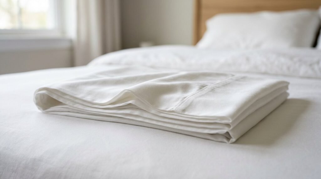Close up view of clean white cotton bed sheets neatly folded on a soft mattress.
