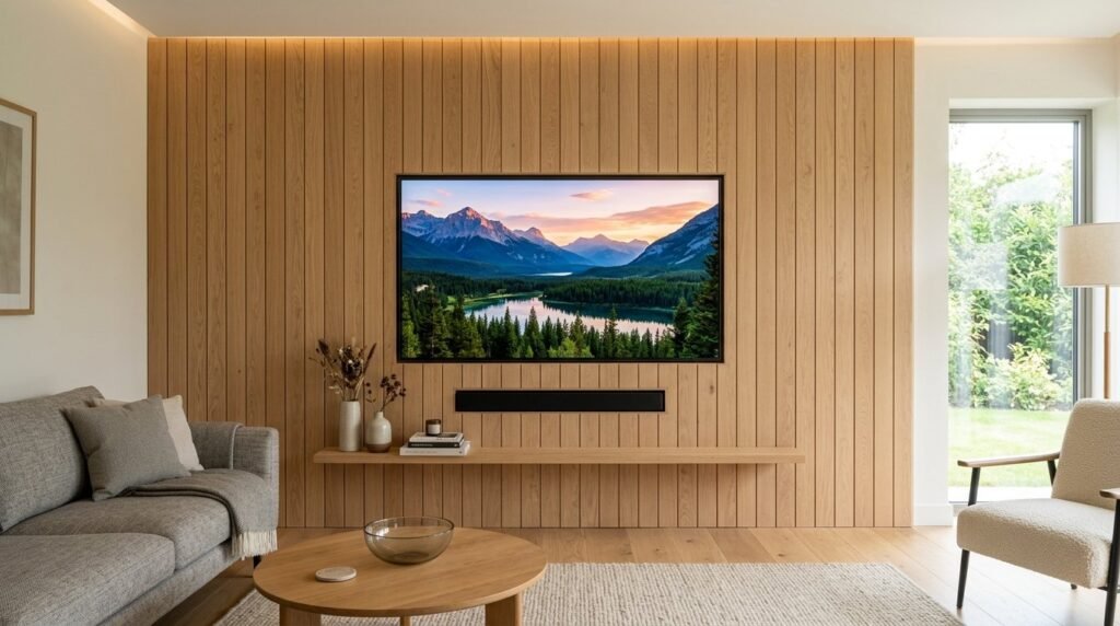A sleek custom false wall featuring a mounted flat screen television in a modern living room interior.