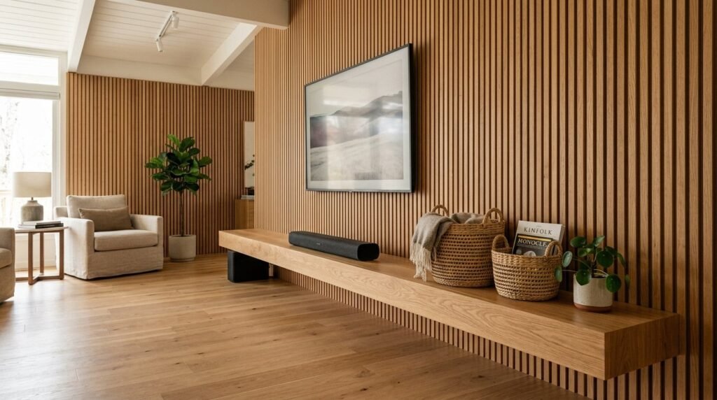 A sleek, wall-mounted floating bench crafted from natural light oak wood in a minimalist interior space.