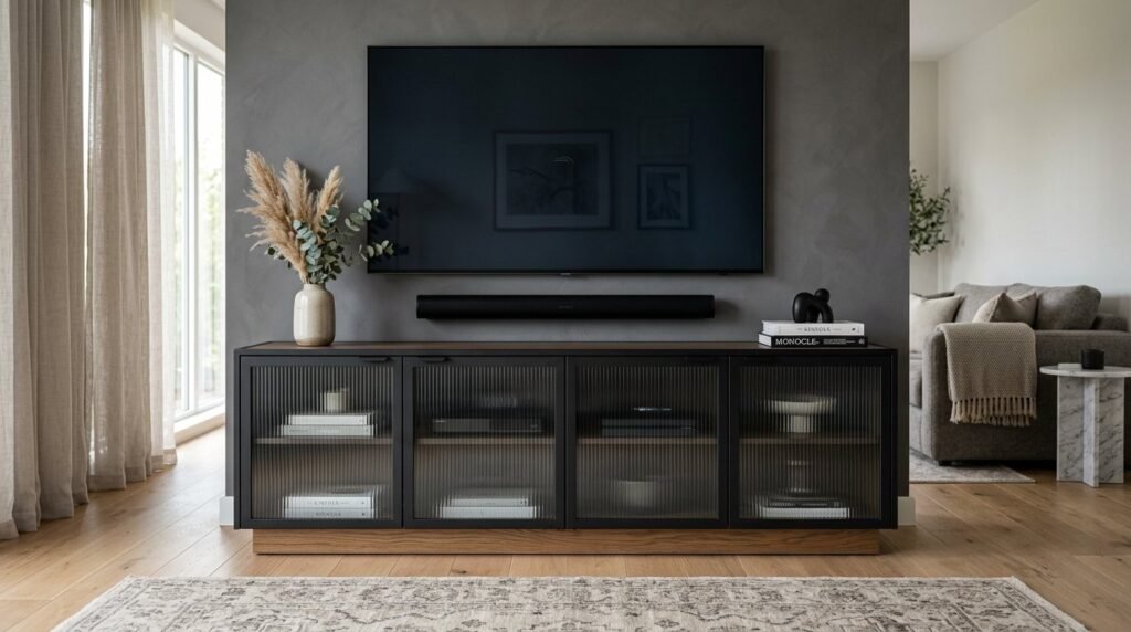 A sleek, custom-built media unit with organized storage shelves in a bright living room.
