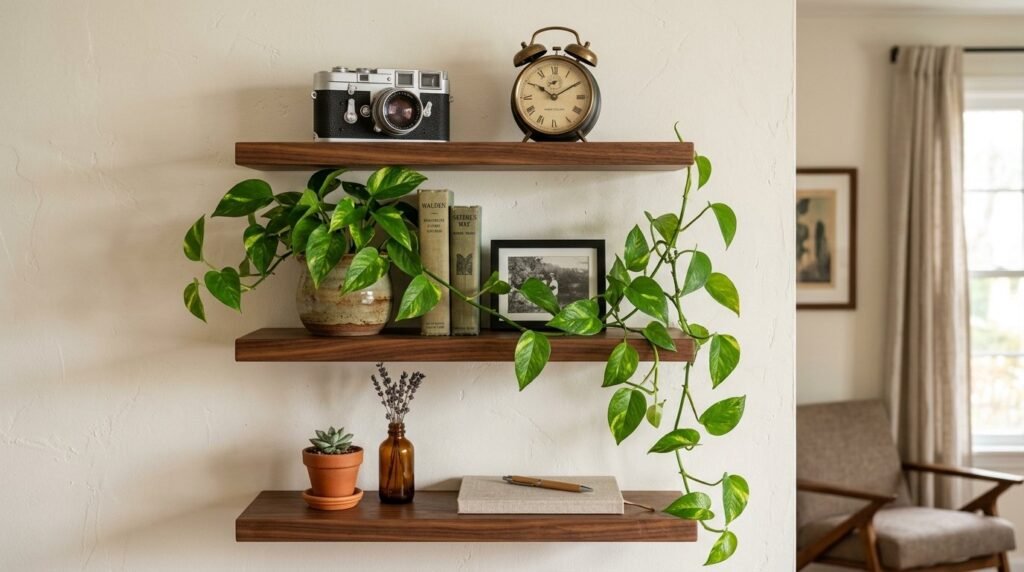 Close up view of high quality natural walnut wood shelving unit mounted on a wall.